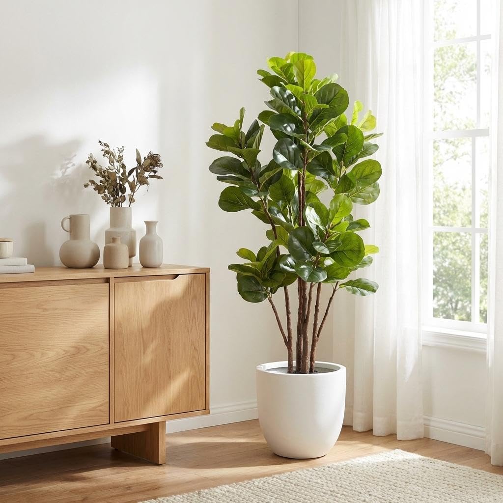Ficus Lyrata Tree - フィドルリーフフィグツリー人工樹木、5フィートの人工観葉植物、室内用、家の装飾用、フェイクフィカスリラータツリー、102枚の葉付き、黒色のプランター入り、リビングルーム、オフィス用、組み立て不要