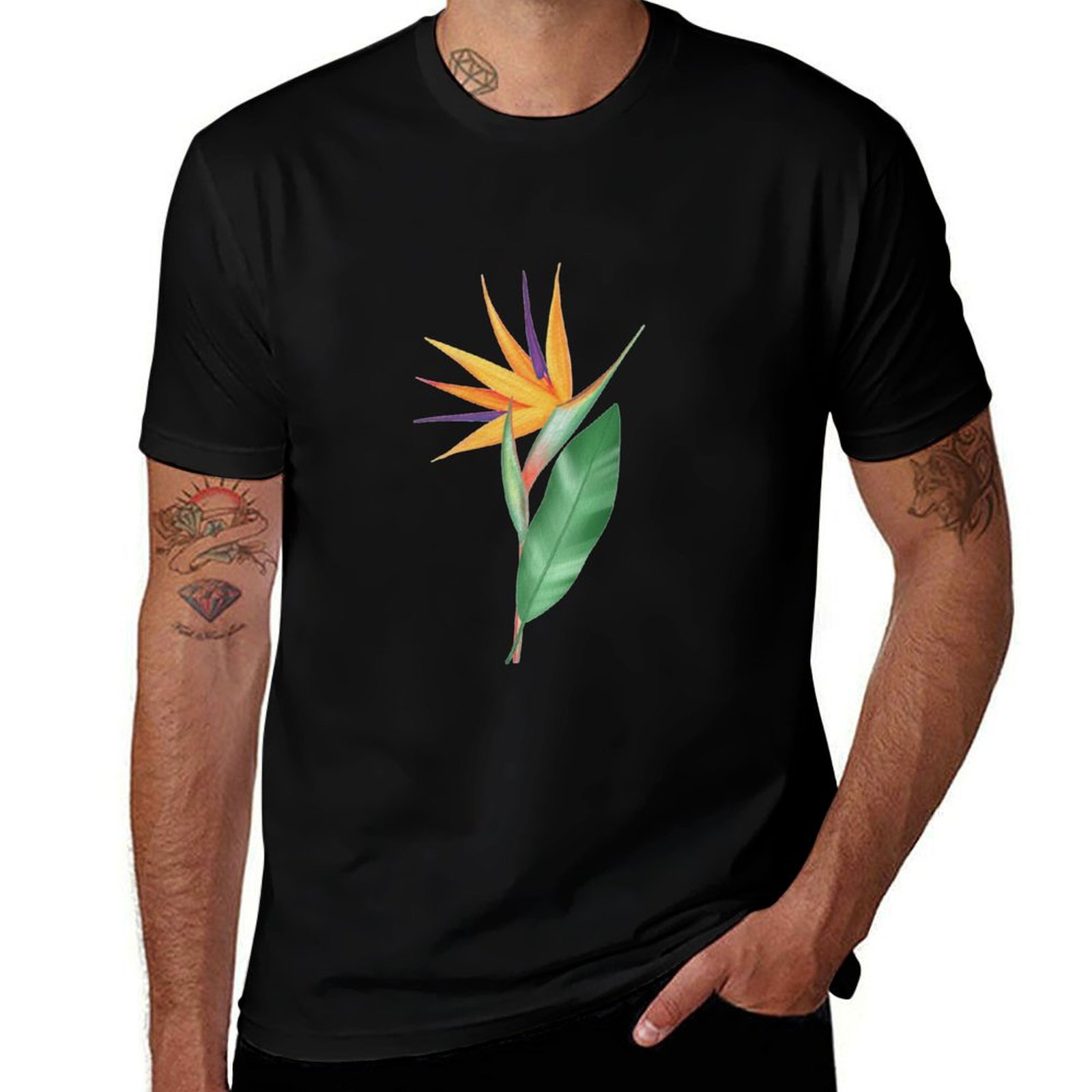 Bird Paradise Strelitzia - 水彩画の極楽鳥花またはストレリチア・レジネア Tシャツ オールウェザー カジュアル 半袖