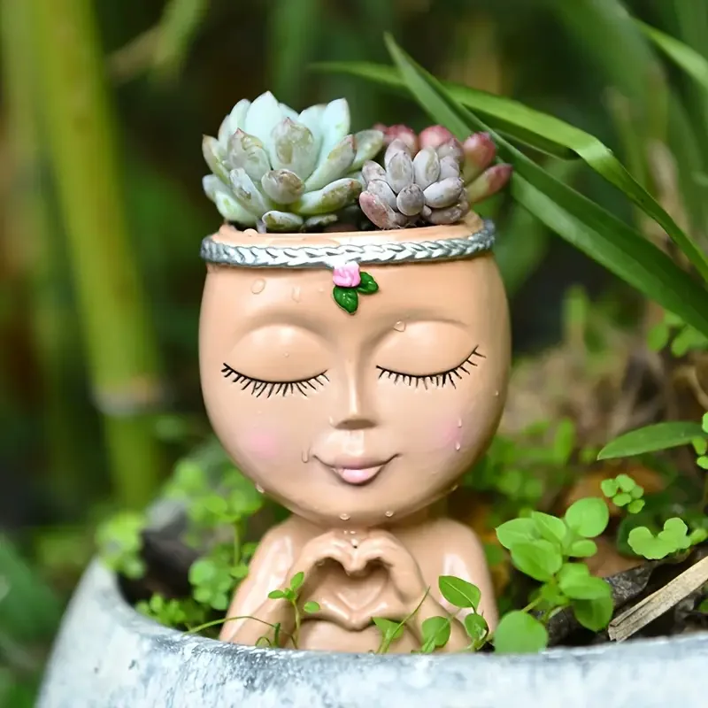 Echeveria Succulent - ハートハンドガール樹脂製多肉植物プランター レディーヘッド植木鉢 クロロフィツムグリーン植物用 ホームデスクトップバルコニーテーブルトップ装飾